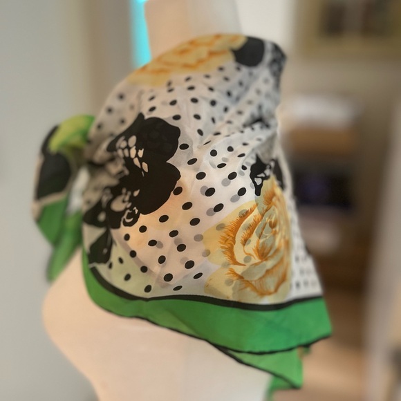 Silk chiffon scarf in green, black, and white with yellow floral pattern. - Picture 4 of 6